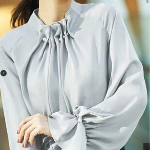 in stock Japanese Style Spring/Summer 2024 New Loose Shirt Lotus Leaf Trumpet Sleeve High Collar Beaded Pullover Solid Color Top for Women