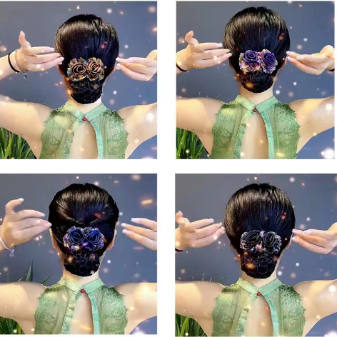 High-end Double-Flower Hairnet Ponytail Clip, Perfect for Taming Flyaways—Sleek Silk-Yarn Mesh Net with Elegant Top Flower Design, Plus a Chic Spring-Loaded Clip for Moms