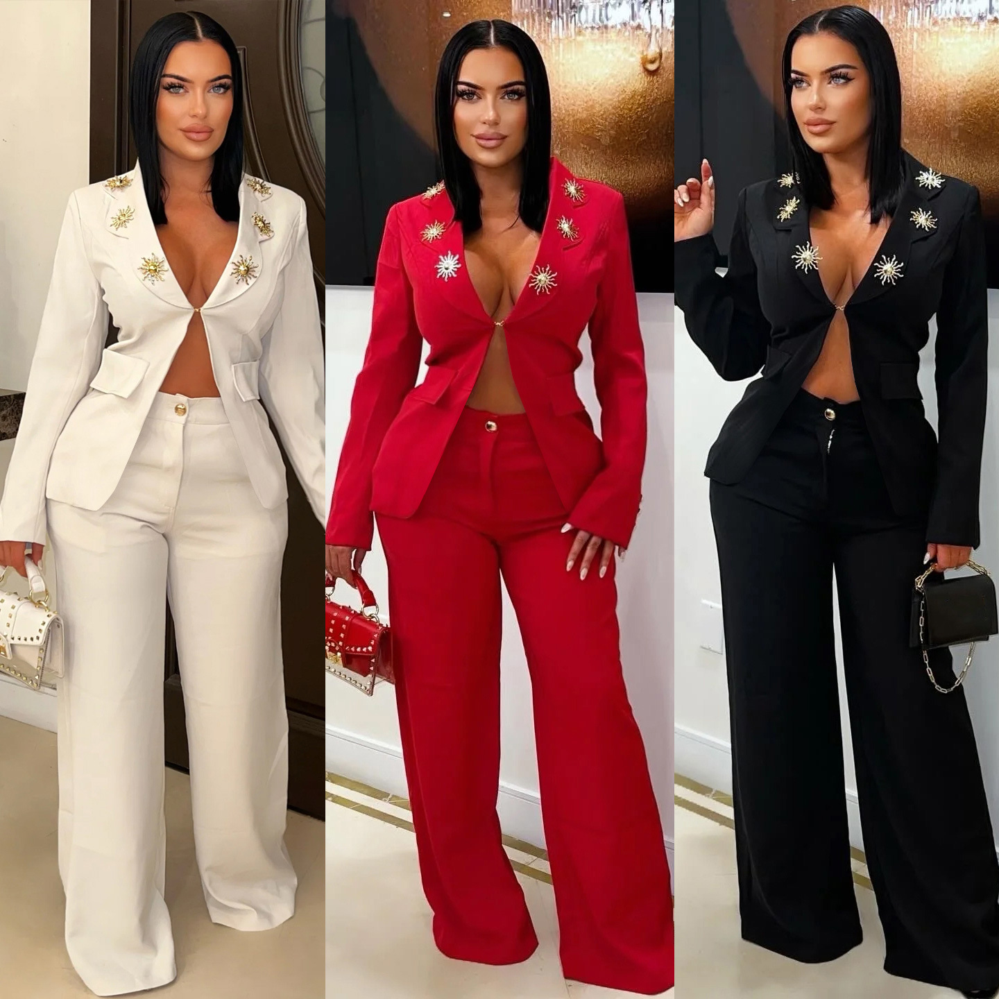 Completo elegante da donna con blazer e pantaloni a contrasto – Abbigliamento da ufficio in cotone elasticizzato, completo business casual (S-3XL, Nero/Bianco/Rosso, Abbigliamento da lavoro Euro-USA)_voghion.com