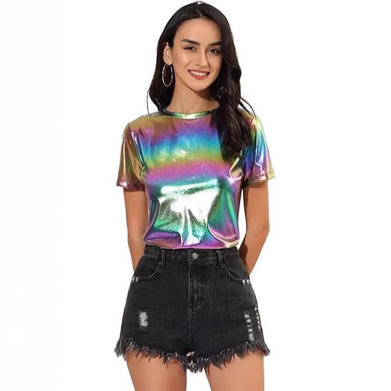 2024 Amazon New Arrival Women's Halloween Shiny Glitter Shirt Party Disco Rainbow Metal Top