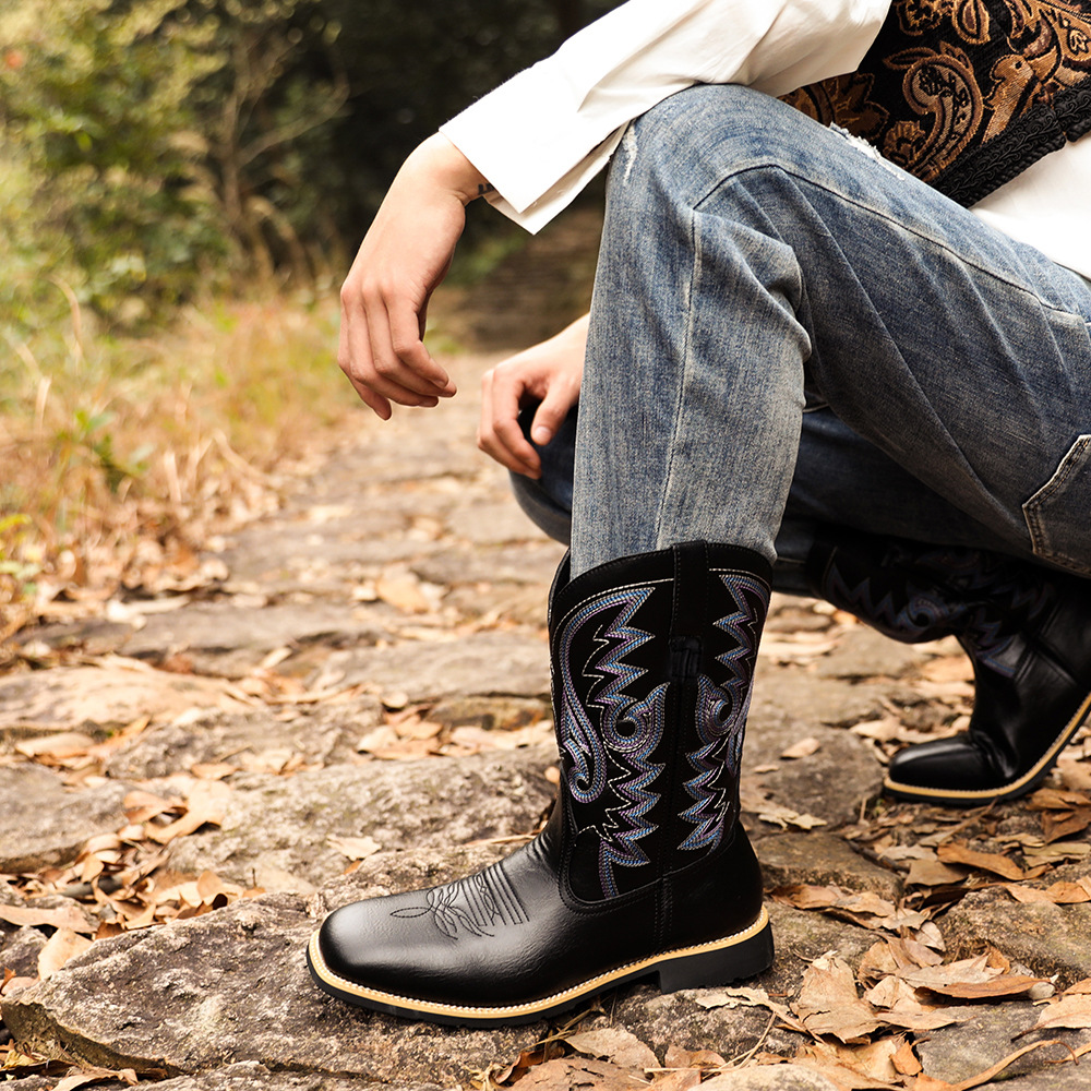 Cizme de cowboy western înalte, brodate, vintage, cu cap lat, pentru bărbați_voghion.com