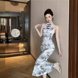 6685跨境国风新中式复古水墨画连衣裙 日常改良旗袍修身 鱼尾长裙
