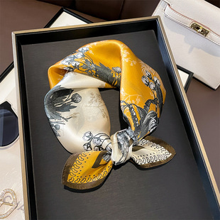 Spring new yellow and white crepe satin printed scarf spring high-grade mulberry silk small square scarf all-match scarf
