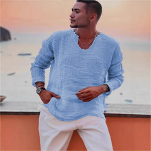 欧美跨境男亚麻休闲宽松套头纯色V领衬衫男洗水磨破毛边长袖衬衣