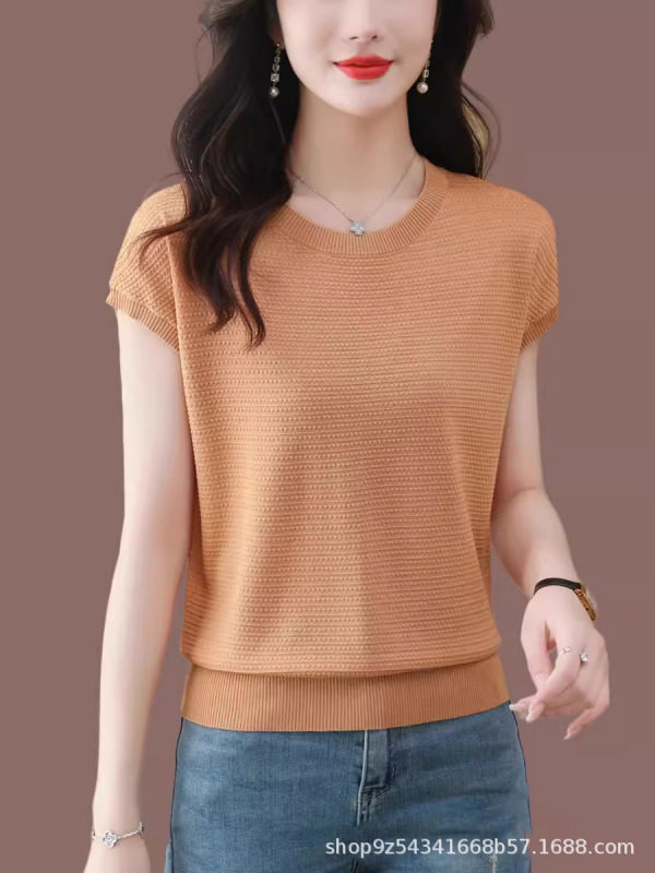ママの夏のニットウェアレディースTシャツ半袖夏薄手のニットウェア高級アイスシルクトップ|undefined