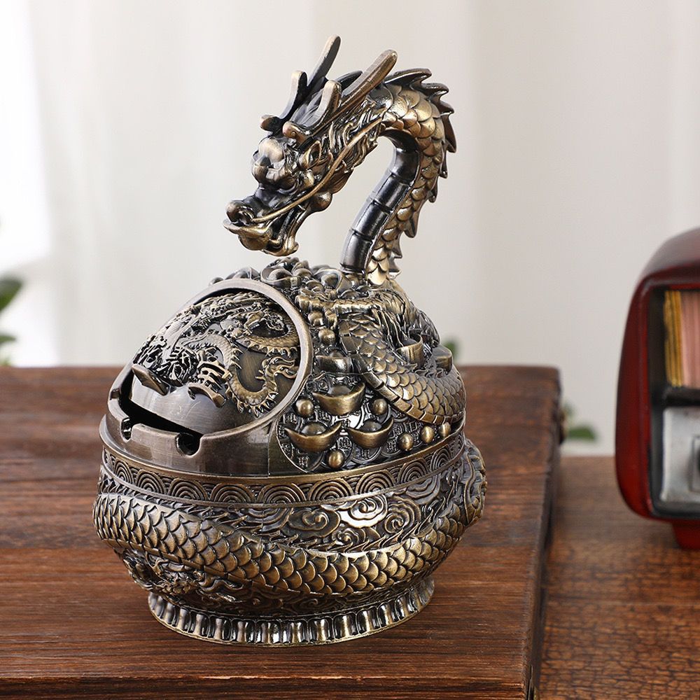 Chinese Style Zodiac Dragon and Snake Ashtray Windproof with Cover Retro Creative Anti-Fall Living Room Coffee Table High-End Ashtray Ornaments