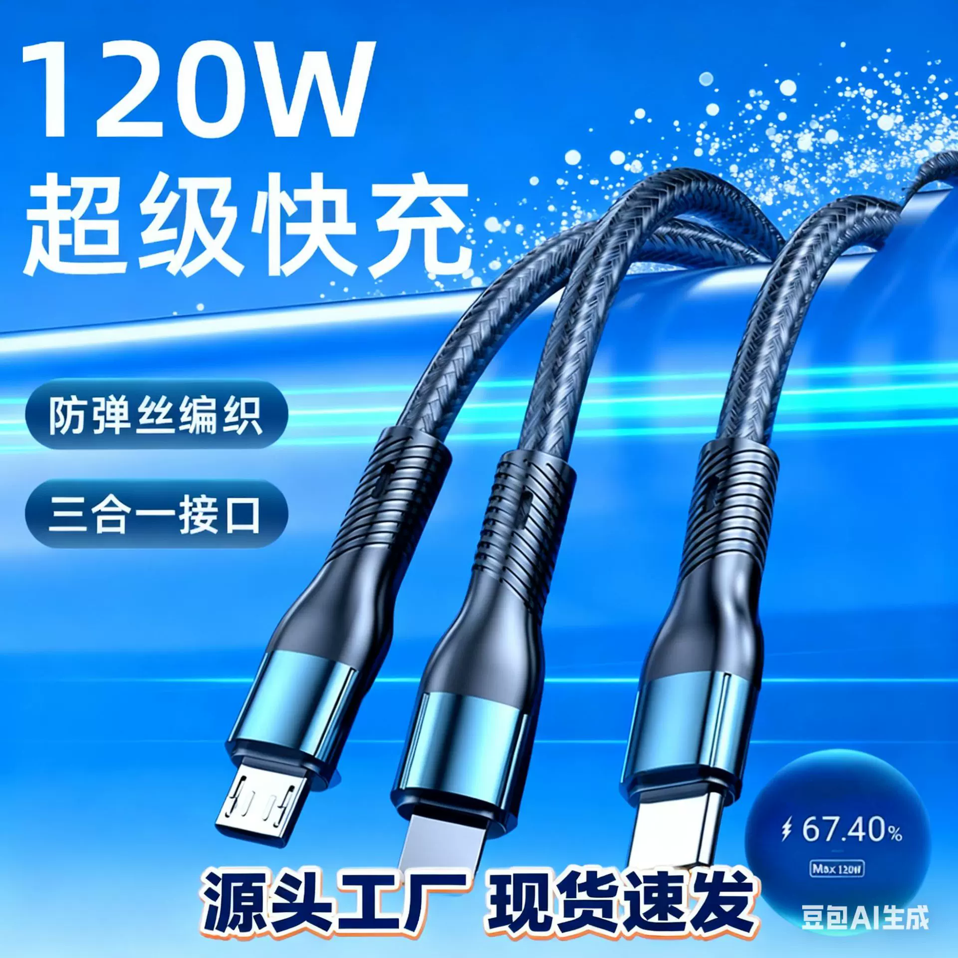 定制一拖三快充手机数据线超级快充120W电脑传输充电线金属编织线