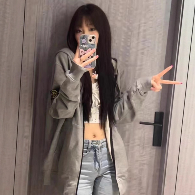 高品质~石头衫秋冬男女连帽卫衣纯色岛袖标徽章款拉链卫衣外套款|undefined