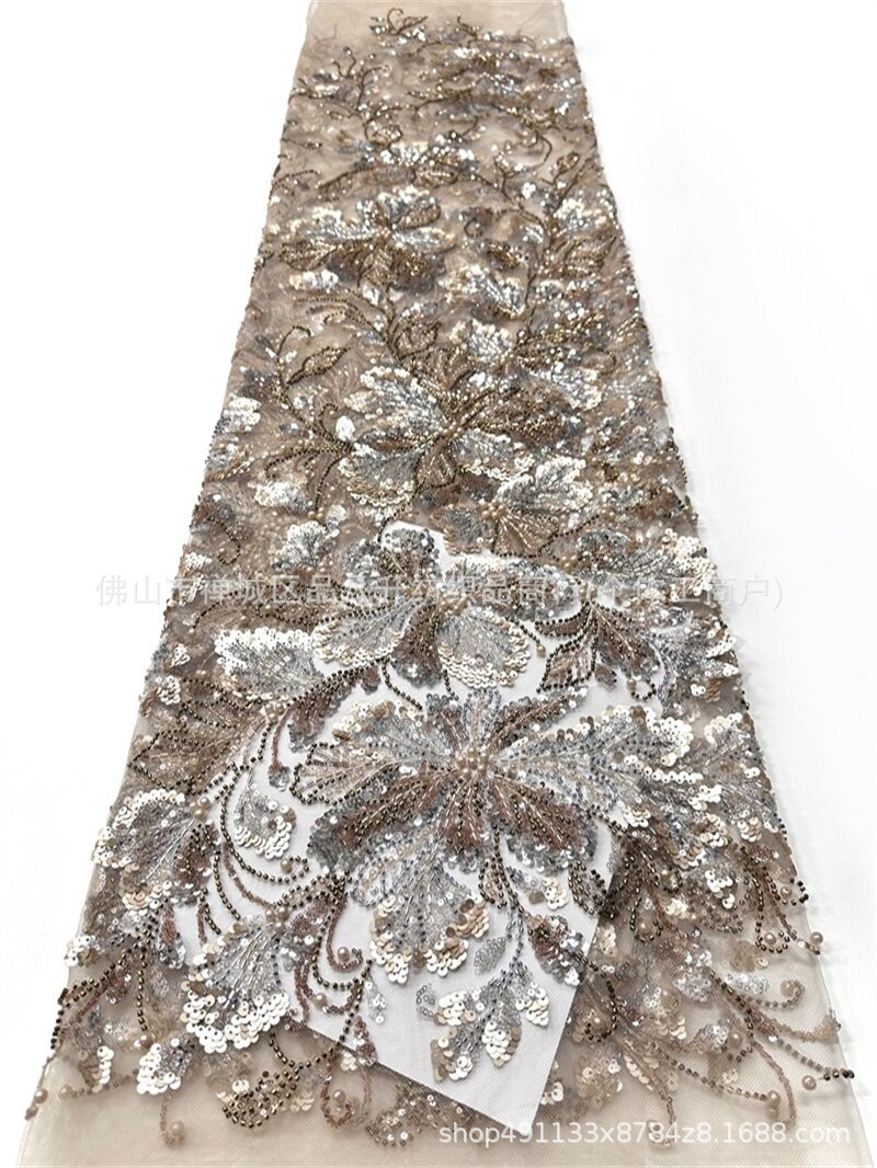 Flores grandes tejidos de malla de cuentas de clavos pesados mezclados color sequela perla bordada vestido de noche vestido de boda image 9
