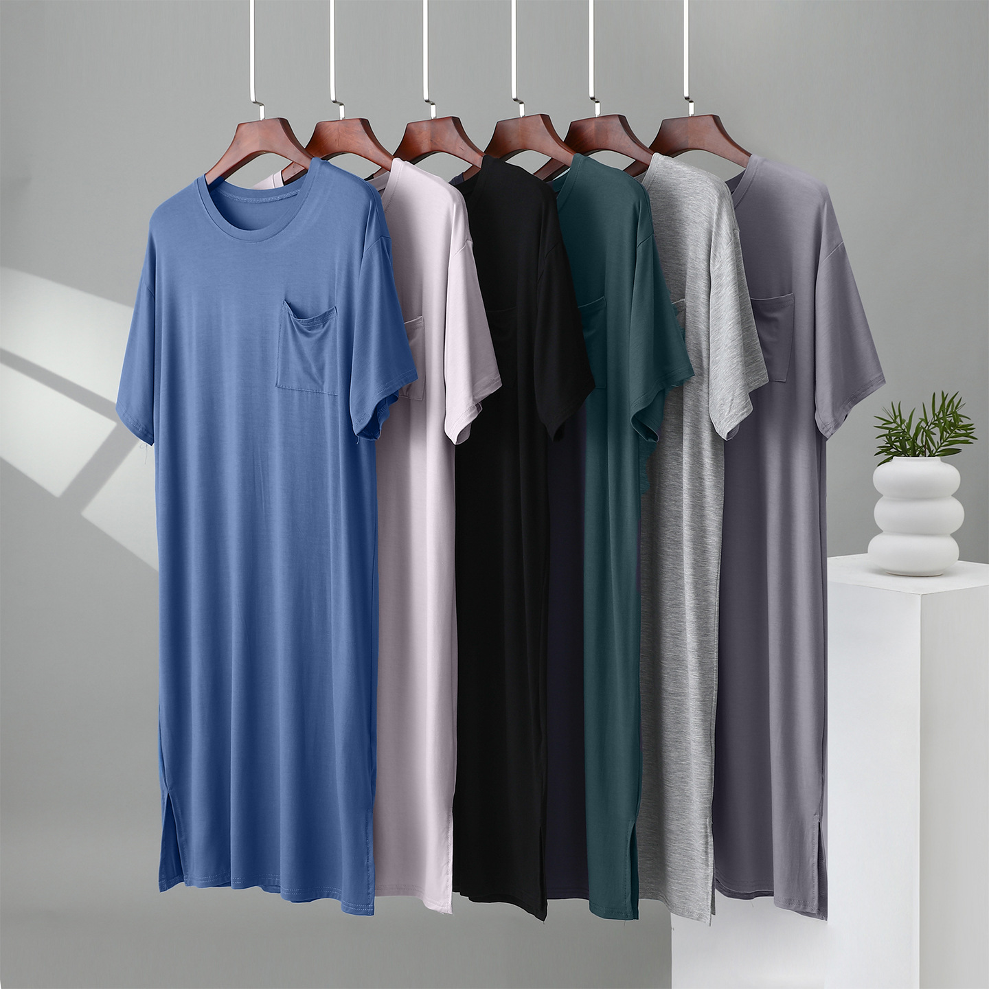 Modal Men's Nightgown, Summer Loose Short-Sleeved Long One-Piece Pajamas, Home Clothes, Bathrobe, Dressing Gown, Thin Style