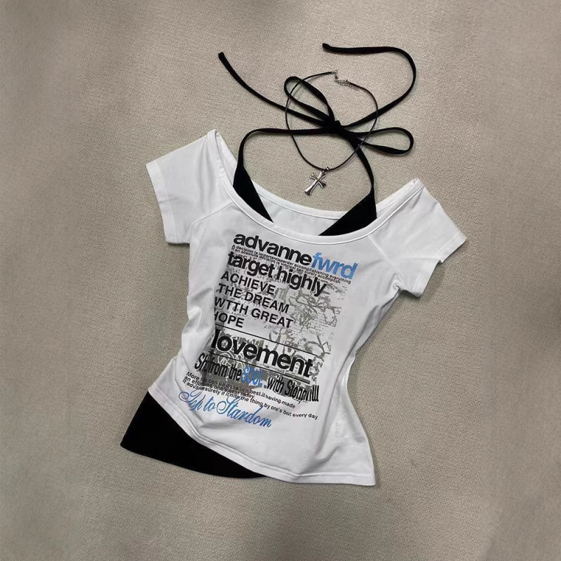 Sweet Spice Girl Hanging Neck Color Short-sleeved T-shirt Women's 2025 Summer New Design Sense Fake Two Piece Short Niche Tide Top