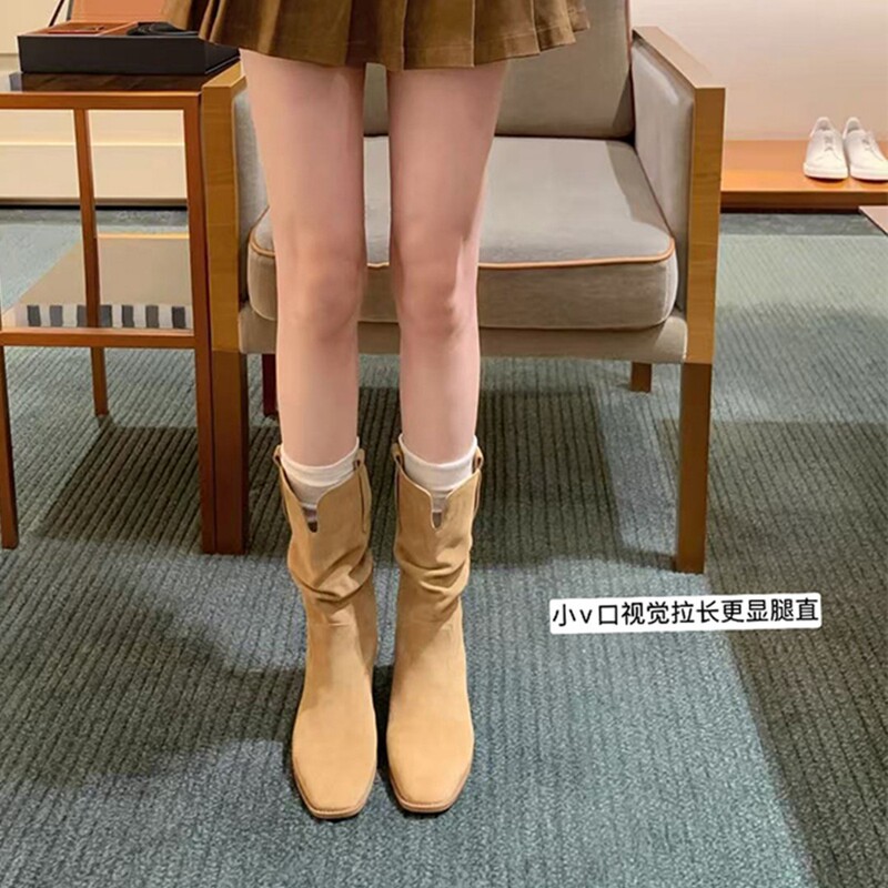 巨好看韩系尖头V口堆堆靴短靴女粗跟棕色靴子显瘦增高西部骑士靴|undefined