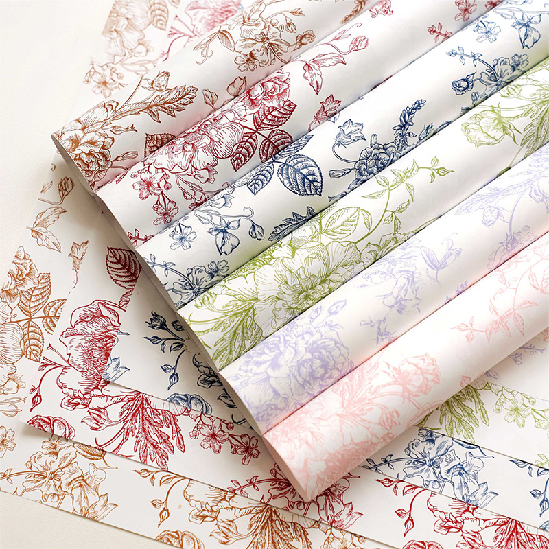 Papel de regalo floral impermeable de estilo europeo para el Día del Maestro, impreso con un elegante diseño floral para empaquetado de ramos de regalo en floristerías.