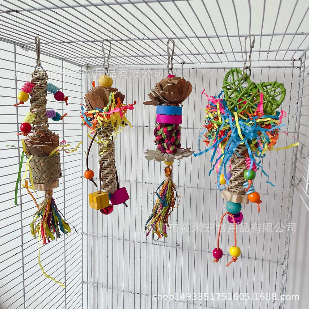 Попугай игрушка птица игрушка пальмовый лист ткачество грызть игрушка рафия бумага проволока рисунок трава моляр тянуть