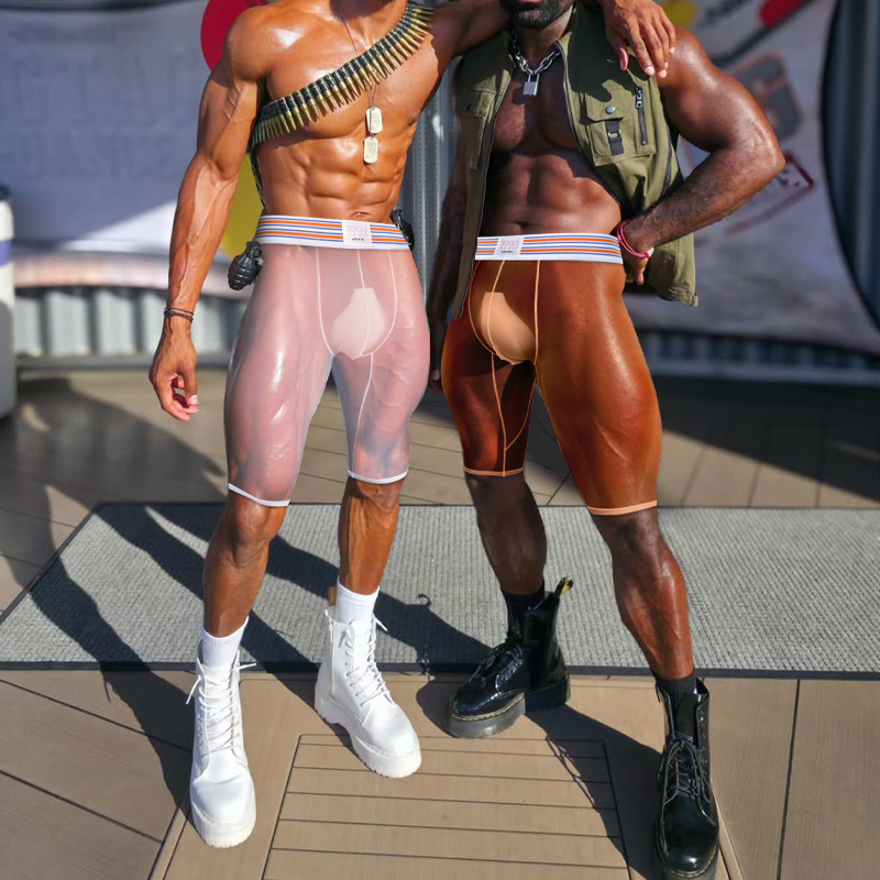 Men's See-Through Quarter Pants, Refreshing Mesh Breathable Extended Boxer Briefs, Long-Legged Racing Stripesd Belt Ad7374