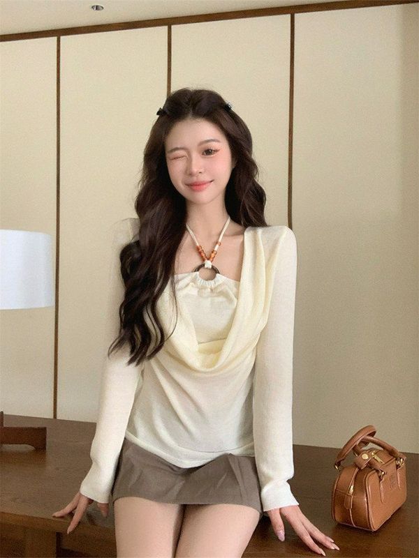 法式气质荡领绑带挂脖假两件长袖女早秋季时尚百搭设计感串珠上衣|undefined