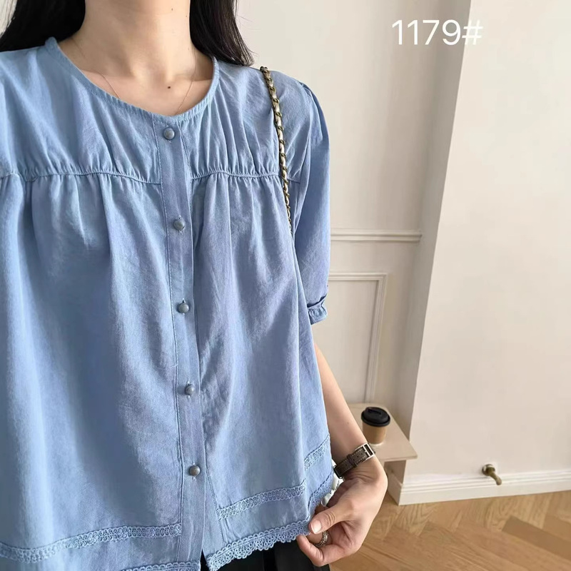 Japanese Mori Girl Style Lace Patchwork Short-Sleeve Shirt 2026 Artistic Simple Round Neck Slimming Versatile Casual Top for Women