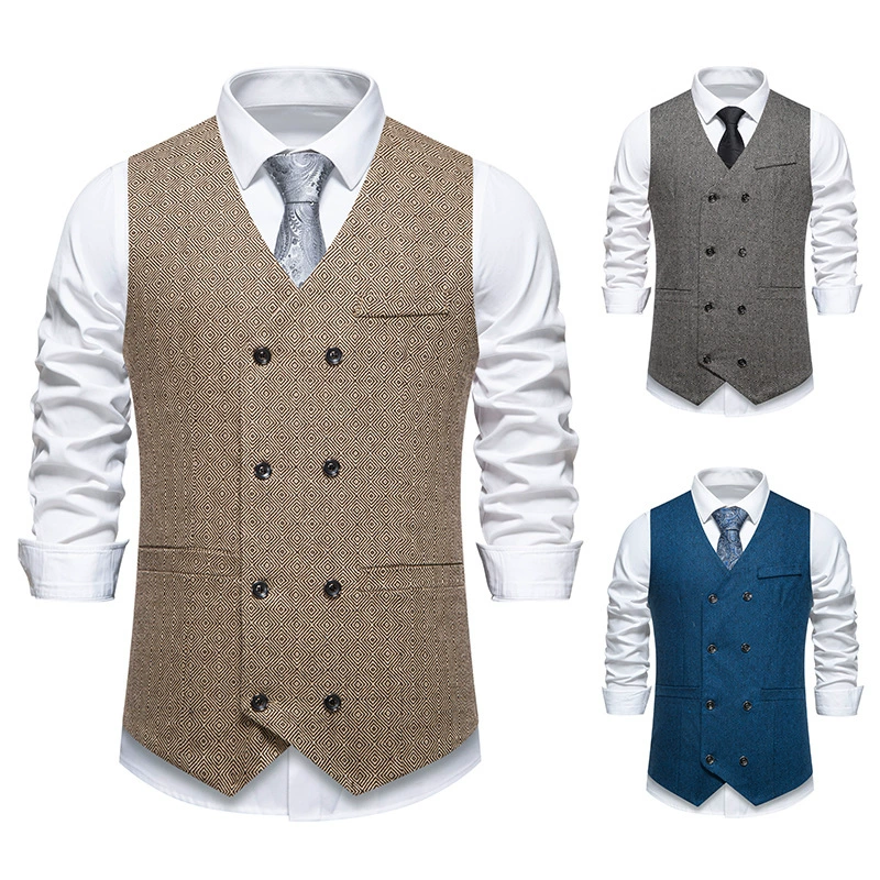 Amazon трансграничный новый европейский и американский мужской сплошной цвет двухбортный модный жилет молодежный тонкий V-образный жилет