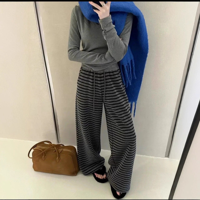 灰色条纹裤子女宽松阔腿裤女秋季高腰垂感慵懒风糯米纹直筒休闲裤|undefined