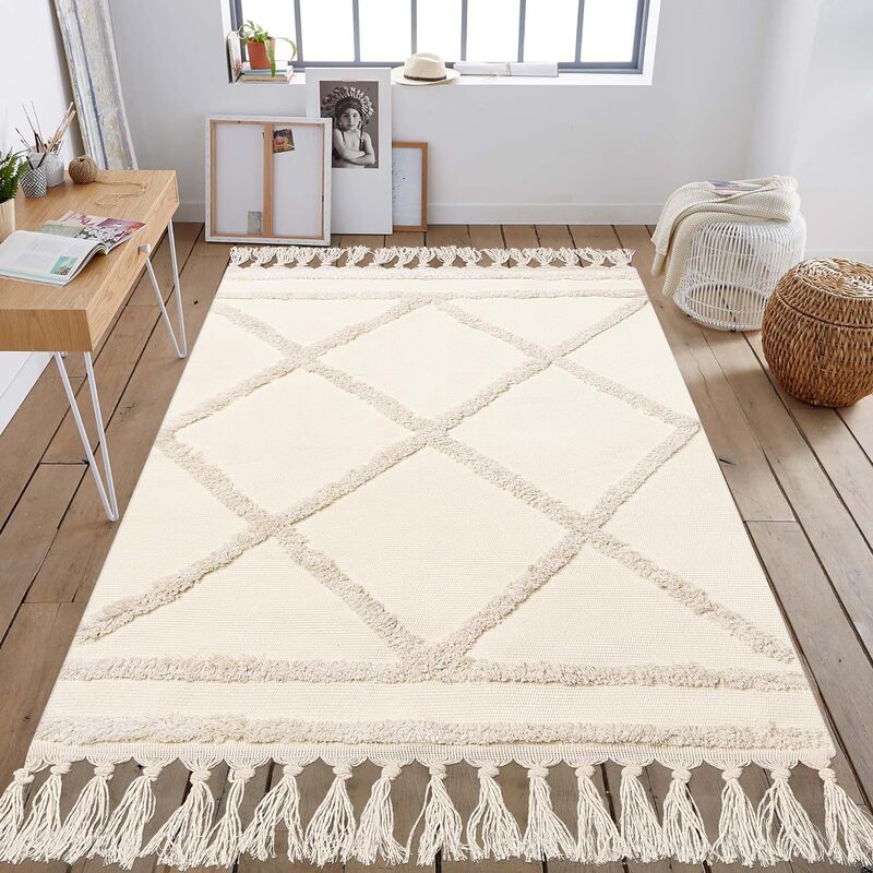 Tufted Cotton Carpet Living Room Carpet Hand-woven Tassel Washable Bathroom Mat Hotel Homestay Decorative Blanket