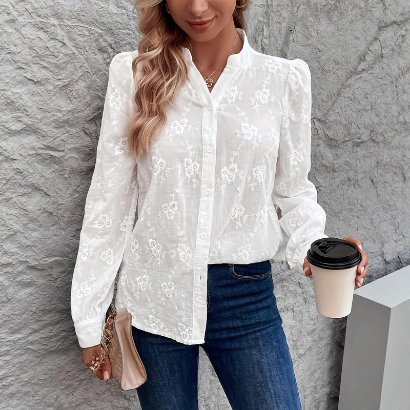 2025 Women's Elegant V Neck Long Sleeve Shirt - Translucent Solid Color Button Top Lace Texture Design All Season