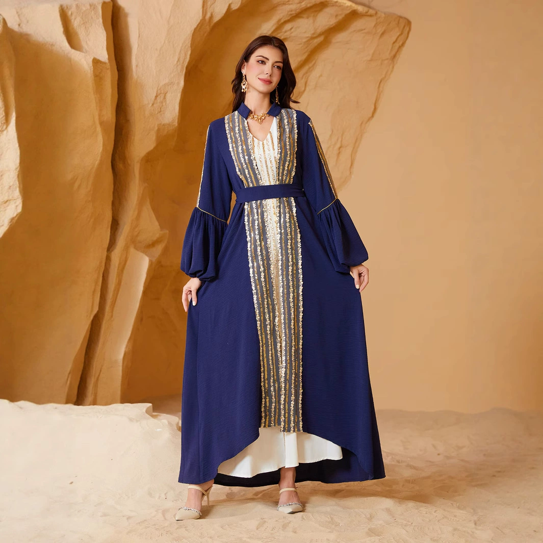 NC35 Ближний Восток Кувейт Блестящий халат Мусульманская мода Женское платье с пышными рукавами из двух частей