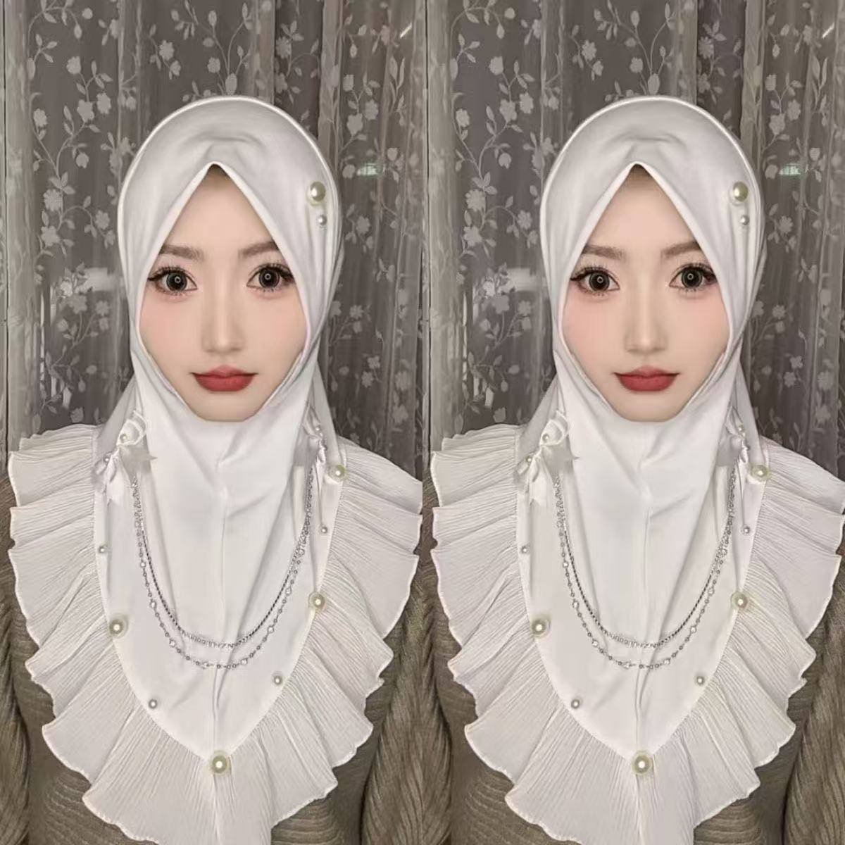 New women's lotus leaf bow fabric, convenient for handmade use, pullover veil, headscarf, soft brim, cute and sweet, solid color