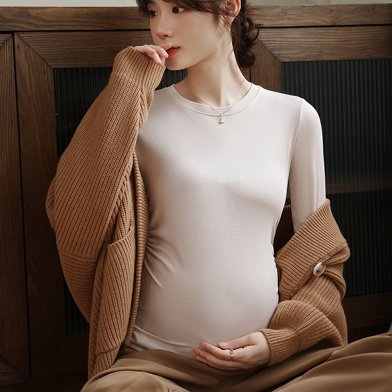 Pregnant Women's Base Shirt Crewneck Tt-shirt Top Spring and Autumn Modal Outer Wear Fashionable Solid Color Inner Autumn Clothes Pregnant Women's Clothes