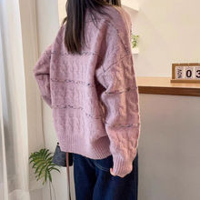 韩版别致新款套头撞色秋冬麻花糯宽松毛衣女衫圆领针织打底软长袖