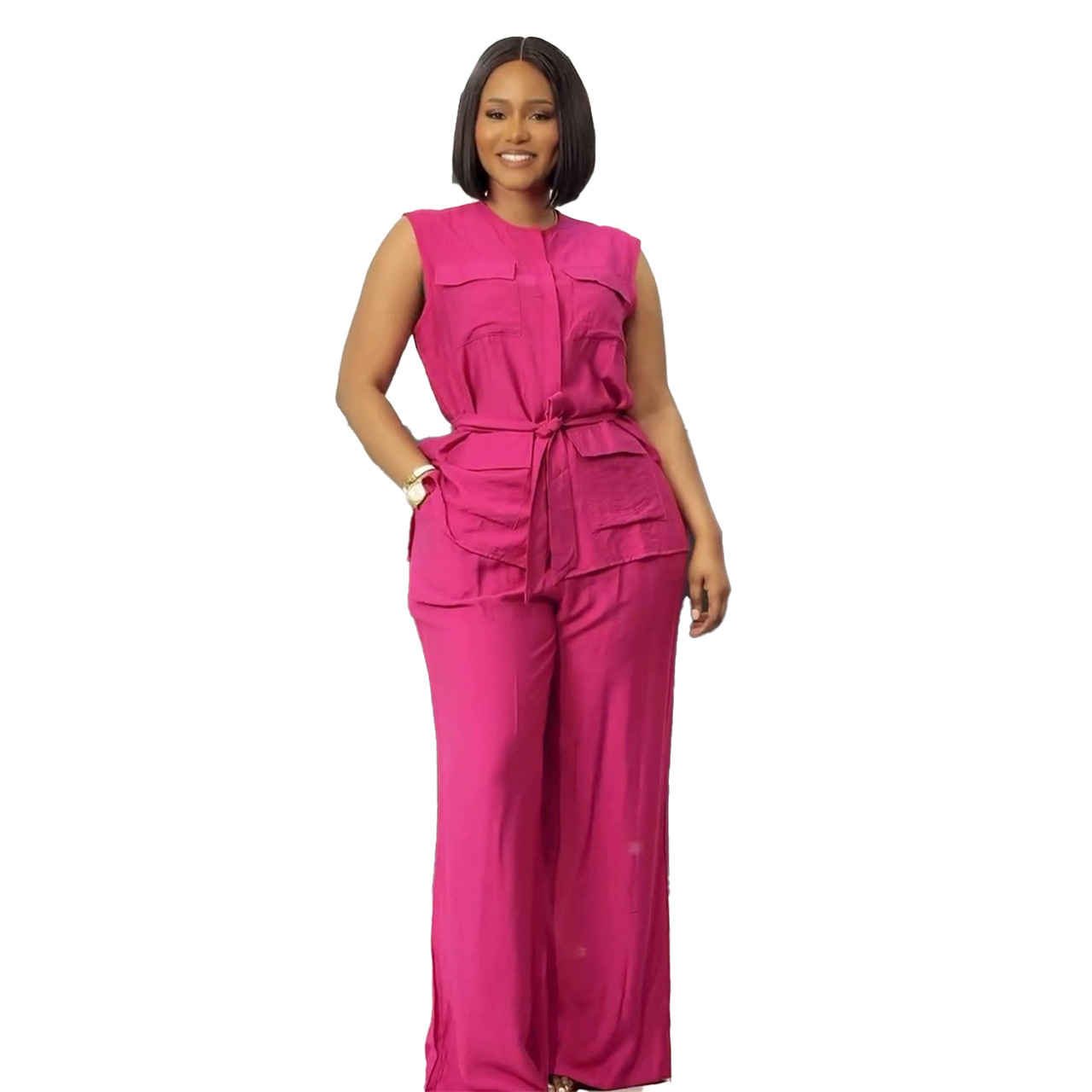 Elegant Sleeveless Vest & Wide-Leg Pants Set – Breathable Polyester Two-Piece Outfit (White/Pink/Yellow/Orange, S-3XL)​_ecoleips.com