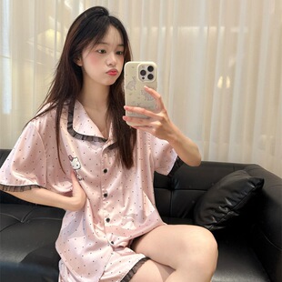 Polka Dot hellokitty Cat Pajamas Women's Summer New Style Lace Short-sleeved Japanese Student Home Clothes suit Outer Wear