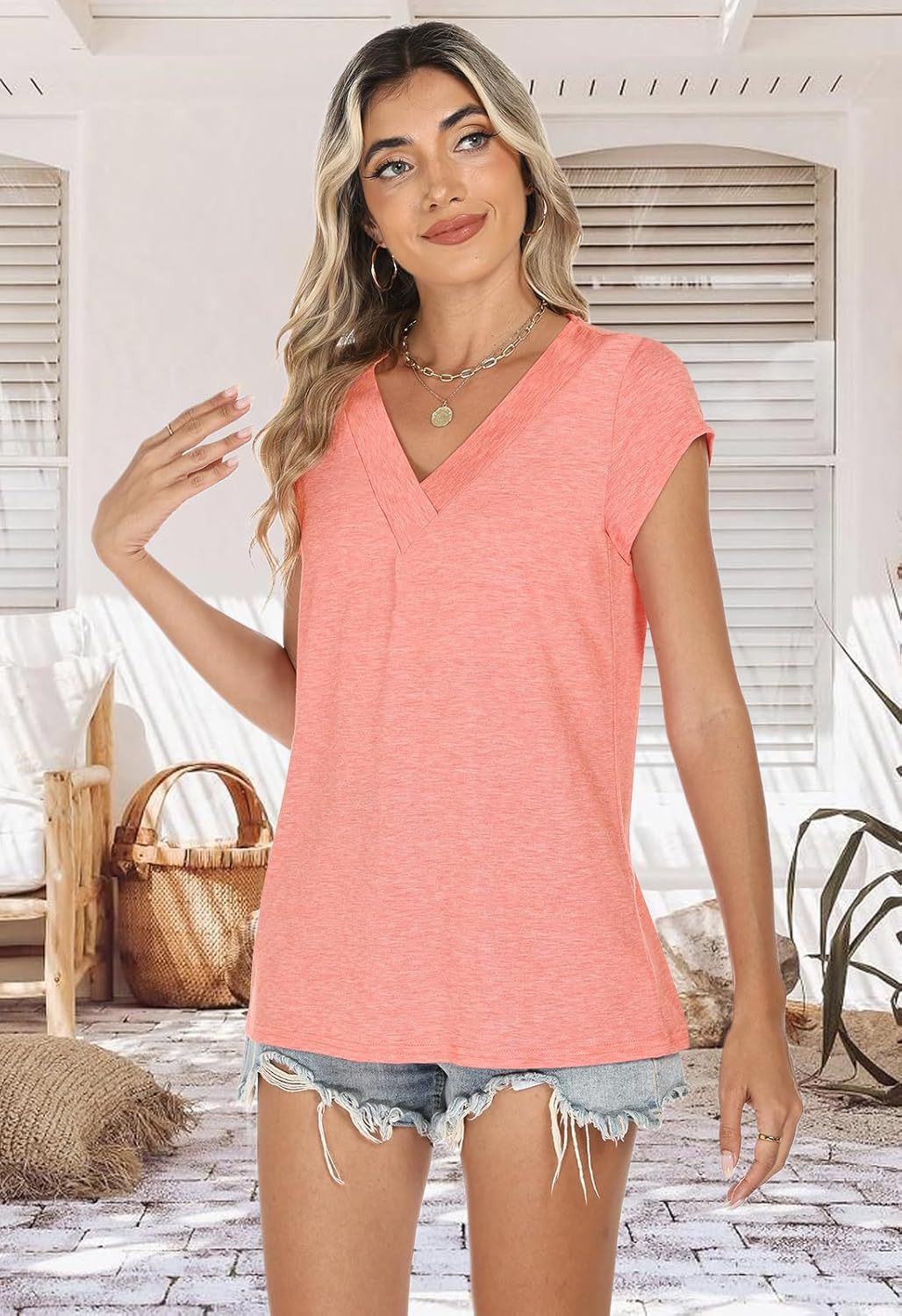 2026 Women Summer Casual V Neck Cap Sleeve Basic Tops_ecoleips.com