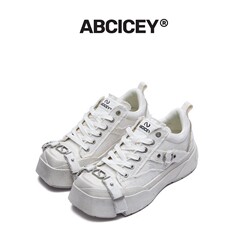 ABCICEY引力系列方头帆布鞋水洗白小众休闲绑带鞋时尚增高厚底鞋