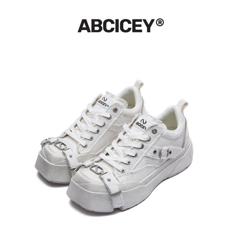 ABCICEY引力系列方头帆布鞋水洗白小众休闲绑带鞋时尚增高厚底鞋|undefined