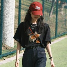 正肩韩系t恤上衣女宽松2025夏季新款设计感小众黑色圆领棉短袖