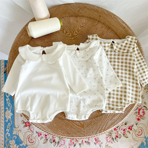 INS Autumn Infant and Toddler Garment Plaid White Floral Coverall Cotton Baby Lapel Long Sleeve Romper