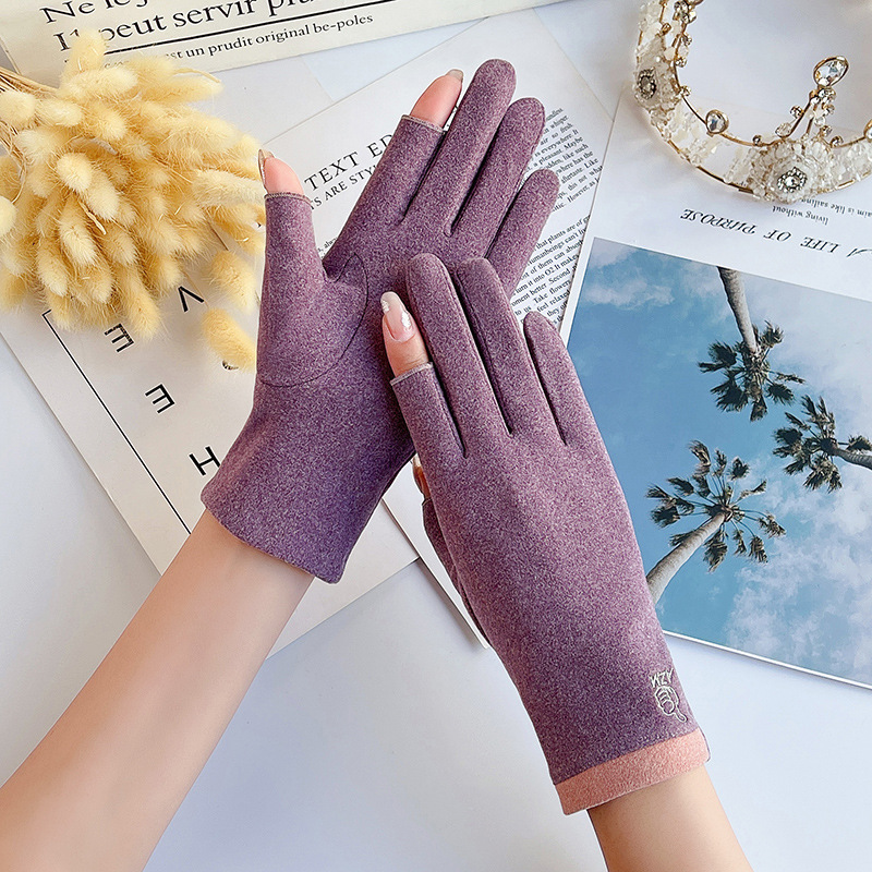露二指手套女式秋冬季德絨彈力可愛韓版半指寫字騎車保暖防風觸屏