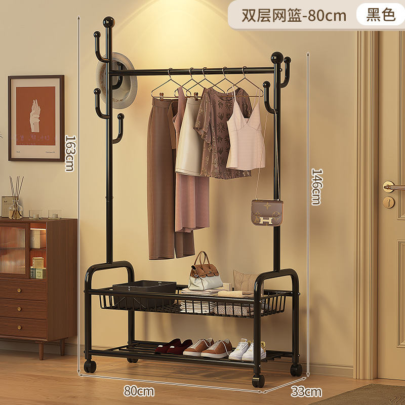 80cm 더블 레이어 메쉬 바스켓 - 클래식 블랙 + 후크 6개 + 금속 범용 휠