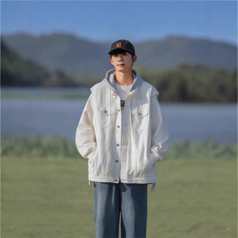 Denim Vest Men's Spring and Autumn New Loose Jacket Denim Hong Kong-style All-match Hooded Work Coat Trendy Top