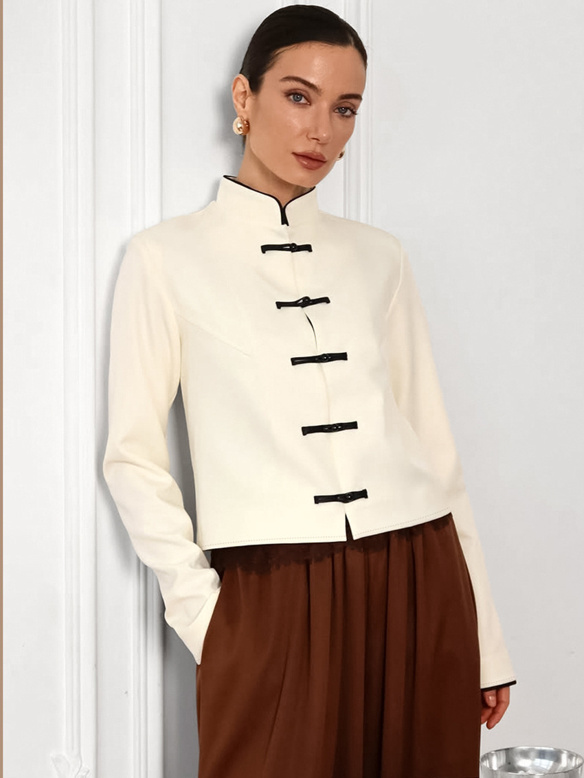 2026 Spring/Summer New Chinese Style Button-Up Shirt, Cross-Border European and American Stand Collar Short Slim-Fit National Style Top