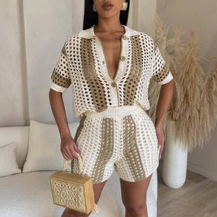 Amazon Aliexpress Hot Selling European and American Clothing Sexy Women's Hollow See-Through Lapel Knitted Shorts Set
