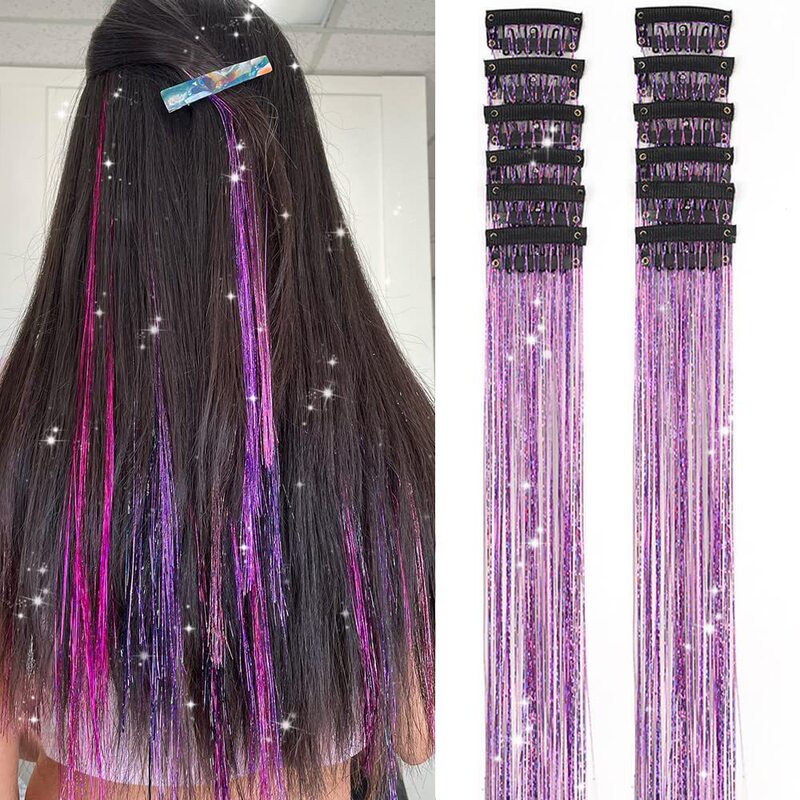 12Pcs Laser Hair Tinsel One-Piece Clip-On Shiny Holiday Hair Tinsel Hair One-Card Hair Extensions