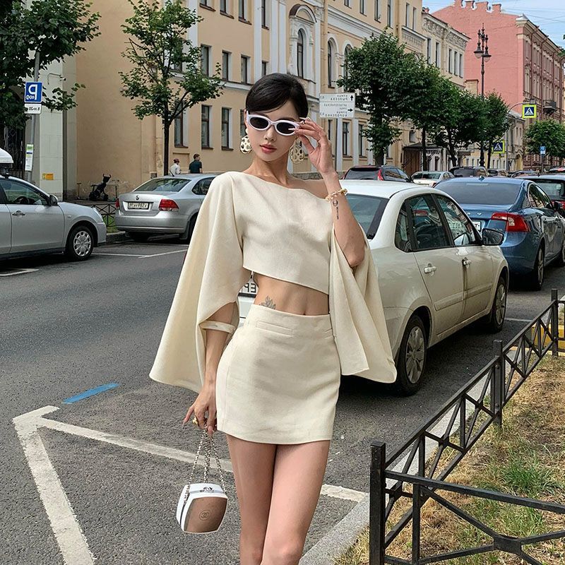 斜肩长袖上衣半身裙套装女2025秋法式别致设计感轻熟风修身两件套|undefined
