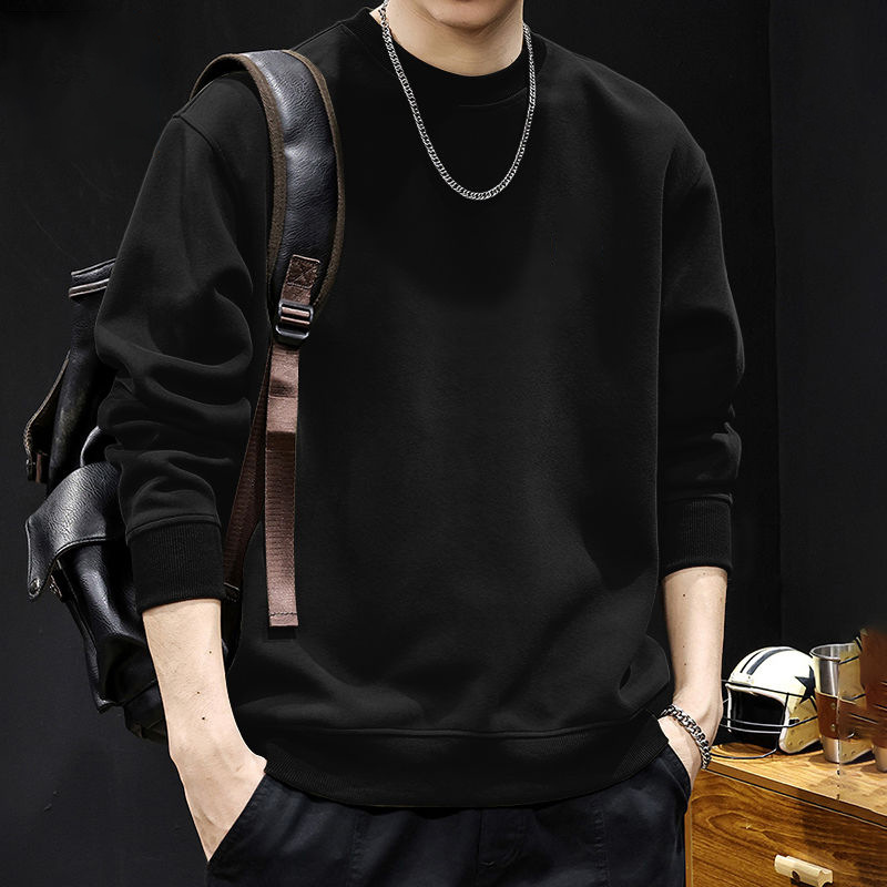 블랙 라운드넥 스웨트셔츠 레귤러 스타일 - 솔리드 컬러 [GL]