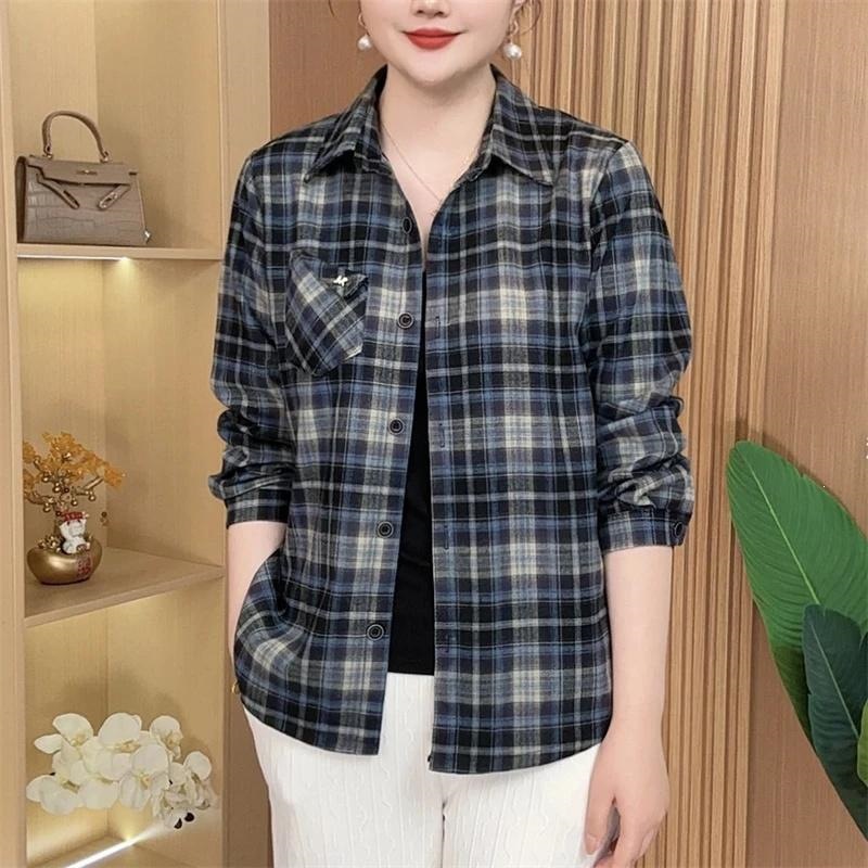 春季新款时尚百搭宽松减龄休闲遮肉长袖格子衬衫上衣妈妈装