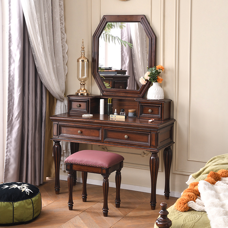 Villa Furniture High-End European Style Dressing Table with Stool Integrated Dressing Table with Mirror American Retro Solid Wood Dressing Table