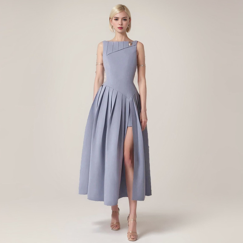 Pleated Design Round Neck Sleeveless High Waist Dress Women's Vietnamese Niche Designer Elegant Split dress