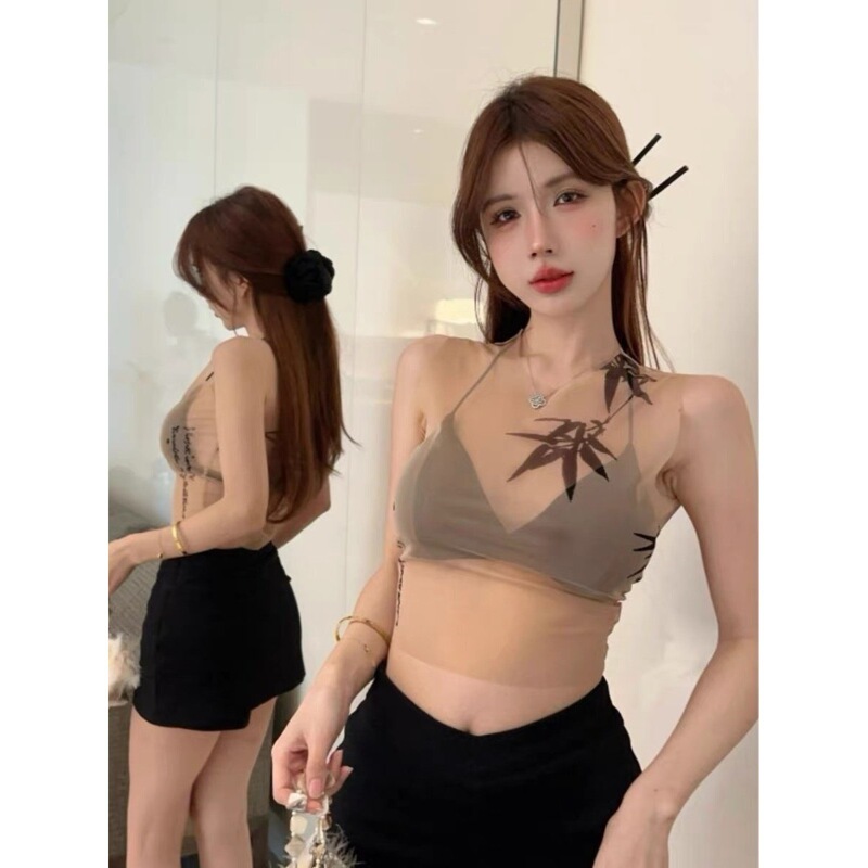 New Chinese Style National Style Bamboo Print Transparent Mesh Fashion Vest Short Top Sleeveless Women's Summer Niche Design