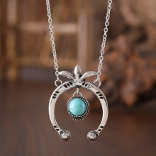 欧美跨境新款复古半圆合金拼接绿松石吊坠 波西米亚小众项链批发