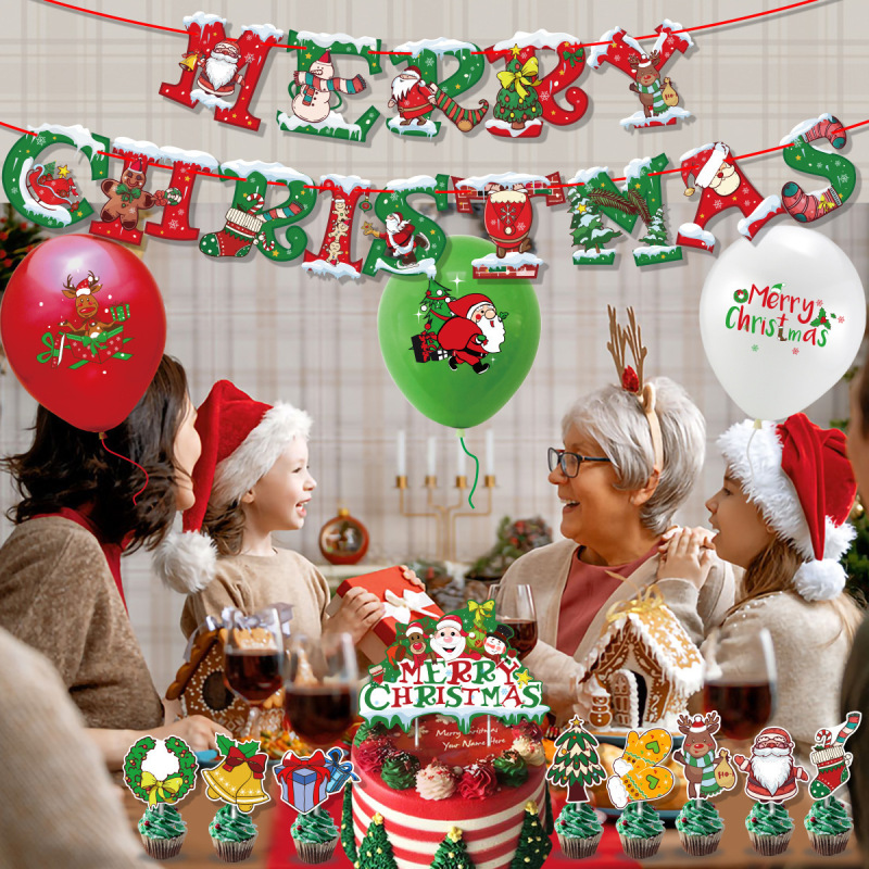 新款圣诞节MerryChristmas圣诞老人雪人拉旗蛋糕插牌气球派对套装|undefined